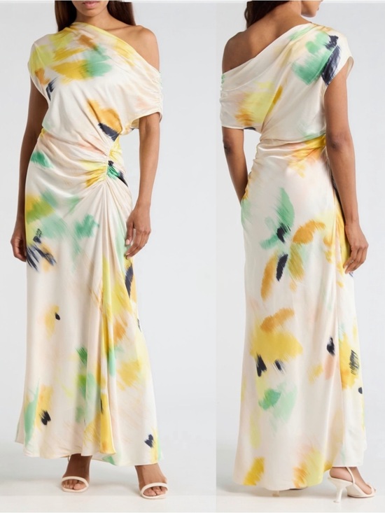 A.L.C. Dresses & Skirts - A.L.C. Penny Women’s Yellow Floral Satin Ruched Off-Shoulder Cocktail Maxi Dress